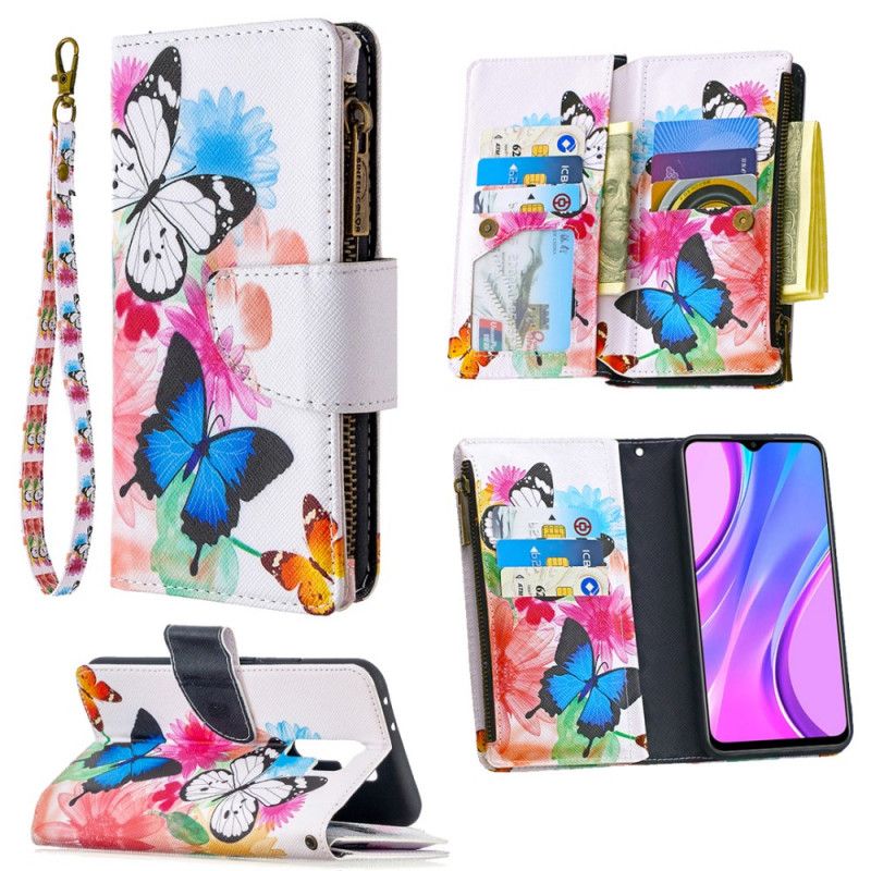 Flip Cover Læder for Xiaomi Redmi 9 Sort Sommerfugl Lynlåslomme