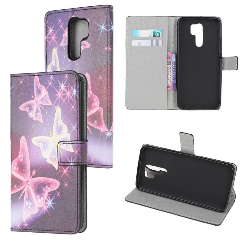 Flip Cover Læder Xiaomi Redmi 9 Sort Sommerfugle Og Blomster Original