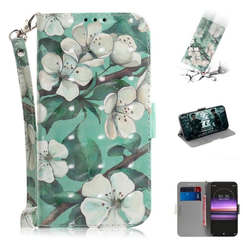 Flip Cover Læder Sony Xperia 1 Blomstrende Gren Med Rem Beskyttelse