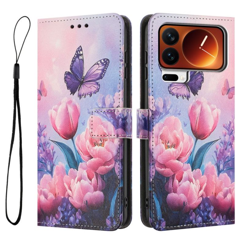 Flip Cover Xiaomi 17 Pro Max Sommerfugl Og Lyserøde Blomster