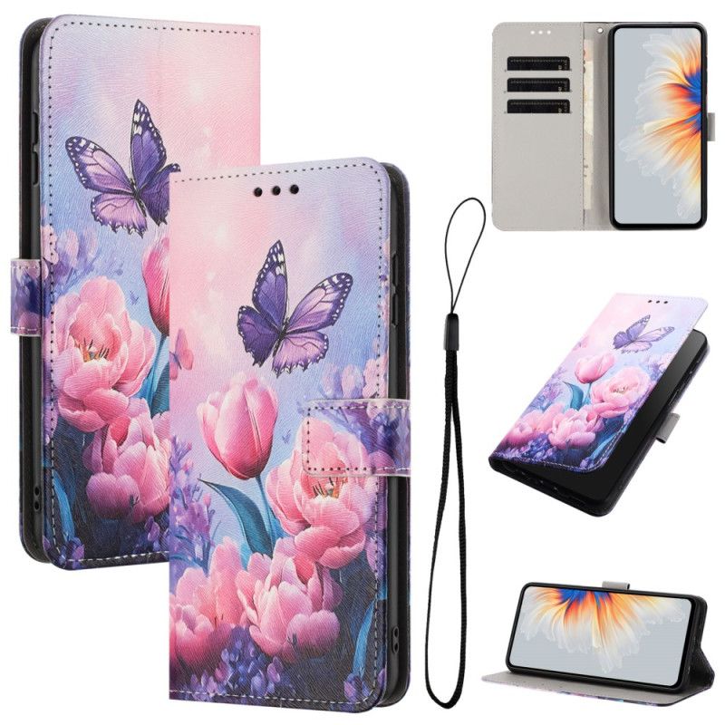 Flip Cover Xiaomi 17 Pro Max Sommerfugl Og Lyserøde Blomster