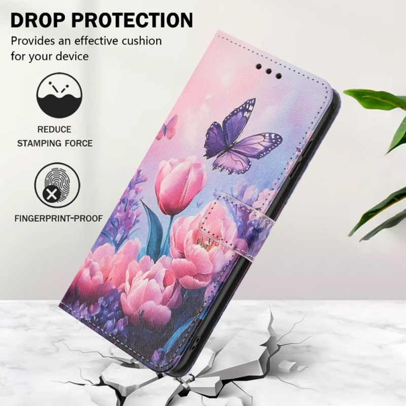Flip Cover Xiaomi 17 Pro Max Sommerfugl Og Lyserøde Blomster