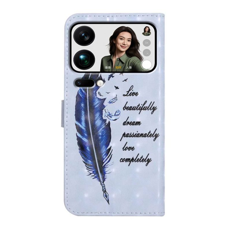 Læder Cover Xiaomi 17 Pro Max Telefon Etui Blå Fjer