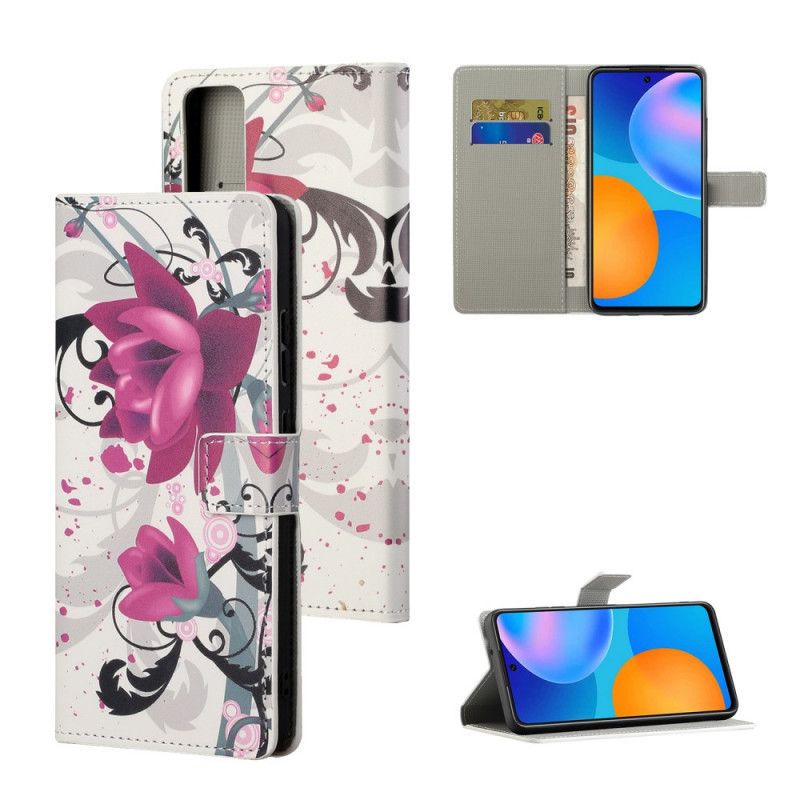 Flip Cover Læder for Honor 10X Lite Rose Tropiske Blomster