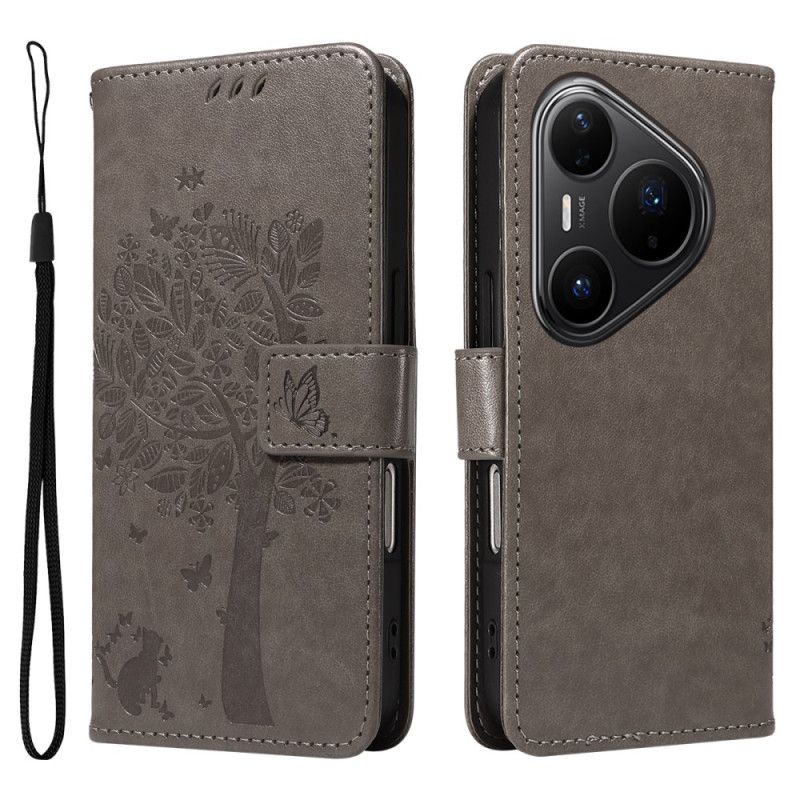 Flip Cover Huawei Pura 80 Pro Katte- Og Træmønster