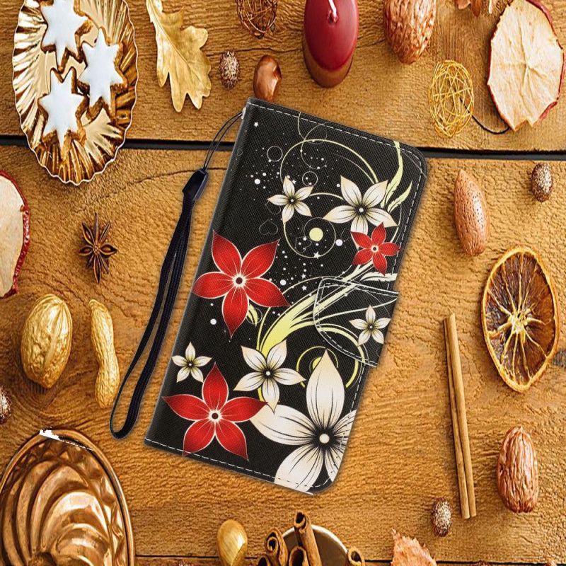 Flip Cover Læder for Xiaomi Redmi Note 9S / Note 9 Pro Farverige Blomster Med En Rem