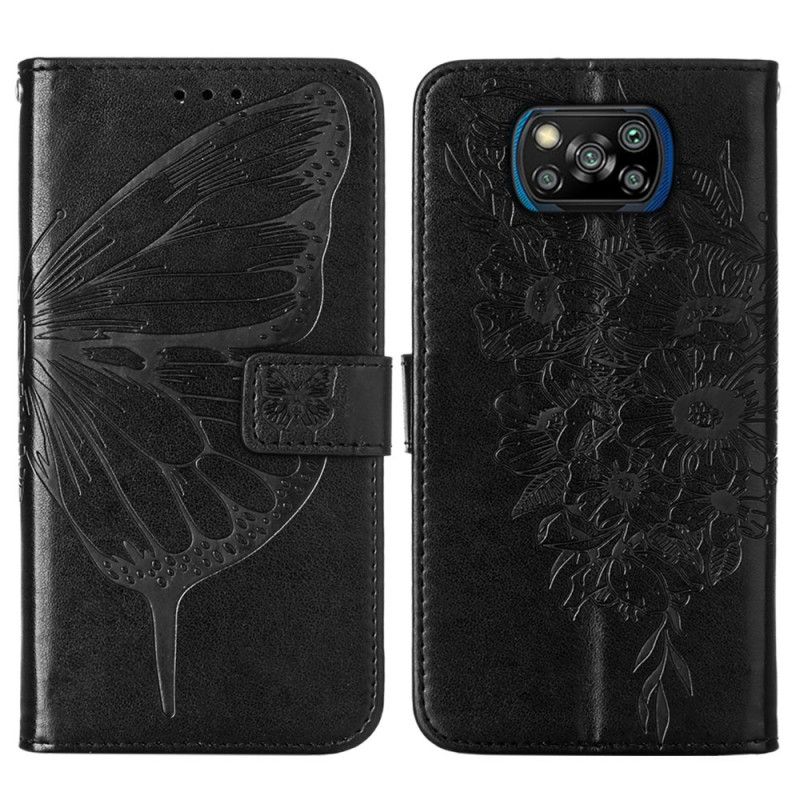 Flip Cover Læder Xiaomi Poco X3 Sort Designer Sommerfugl Med Rem Beskyttelse