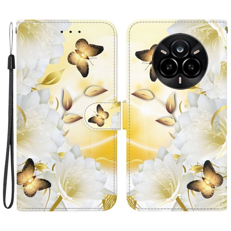 Læder Cover Realme 14 Pro 5g Telefon Etui Gyldne Sommerfugle Og Hvide Blomster