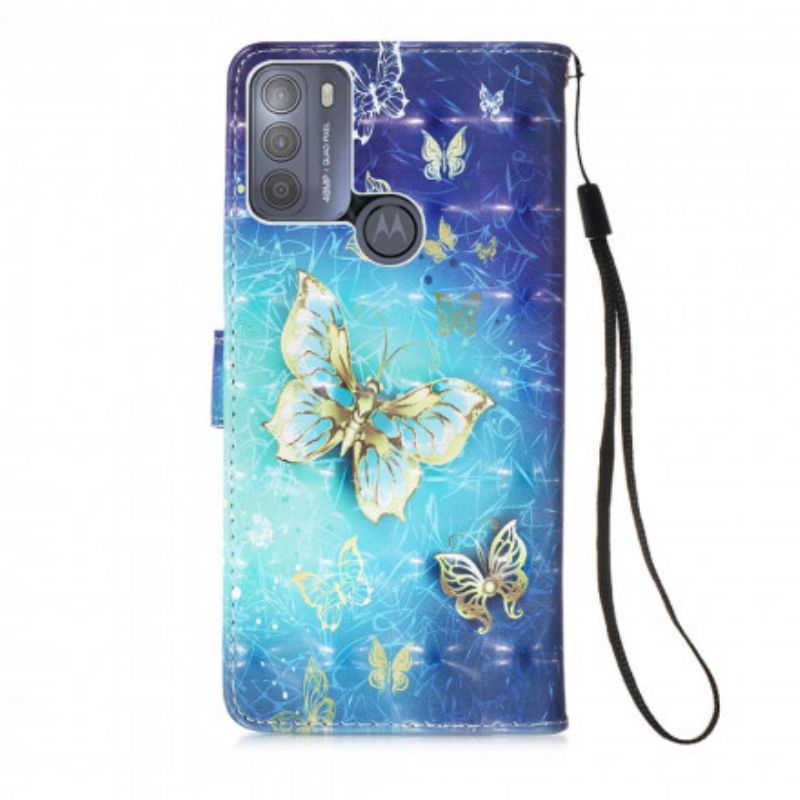 Flip Cover Moto G50 Gold Butterflies Lanyard