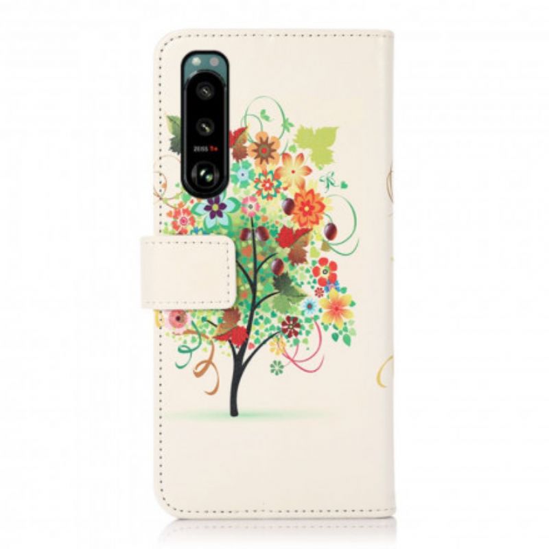 Læder Cover Sony Xperia 5 Iii Blomstrende Træ
