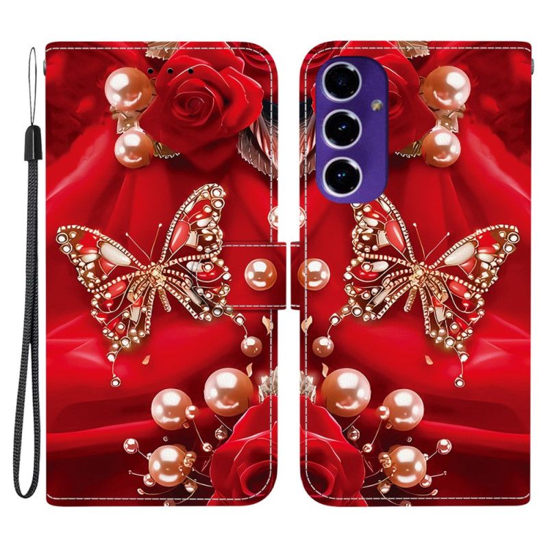 Flip Cover Samsung Galaxy A17 4g / 5g Guld Og Perlesommerfugl