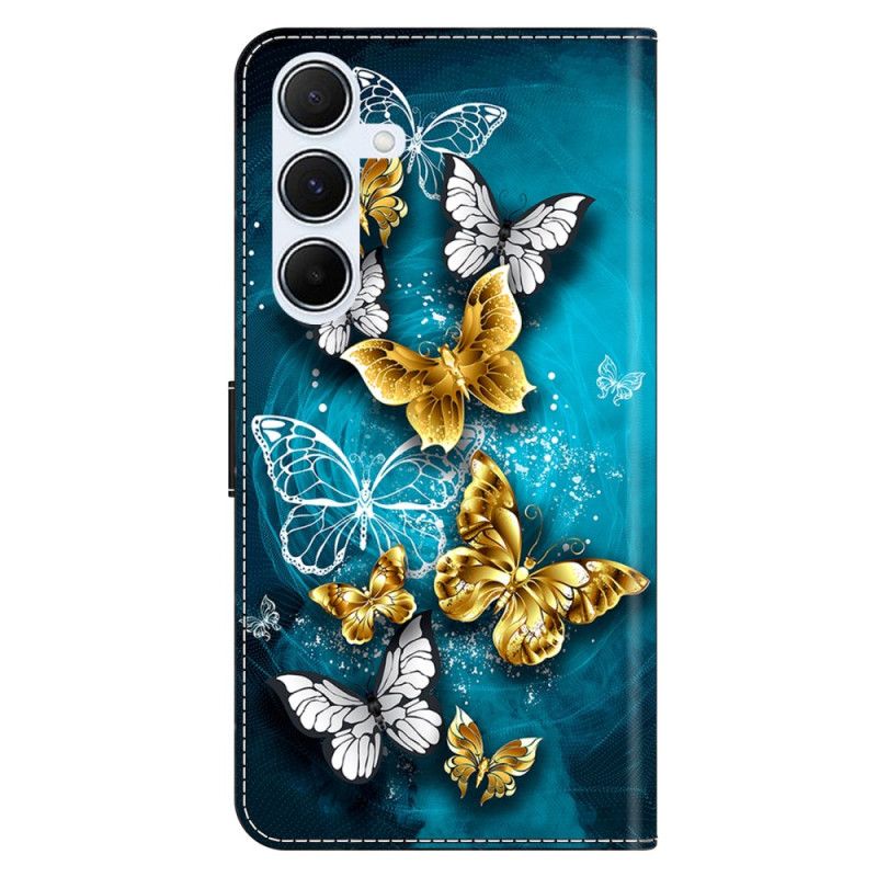 Læder Cover Samsung Galaxy A17 4g / 5g Telefon Etui Guldsommerfugle På Grøn Baggrund