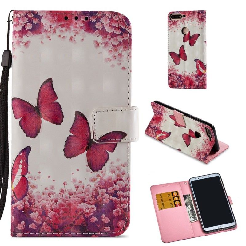 Flip Cover Honor 7C Mobilcover 3D Røde Sommerfugle