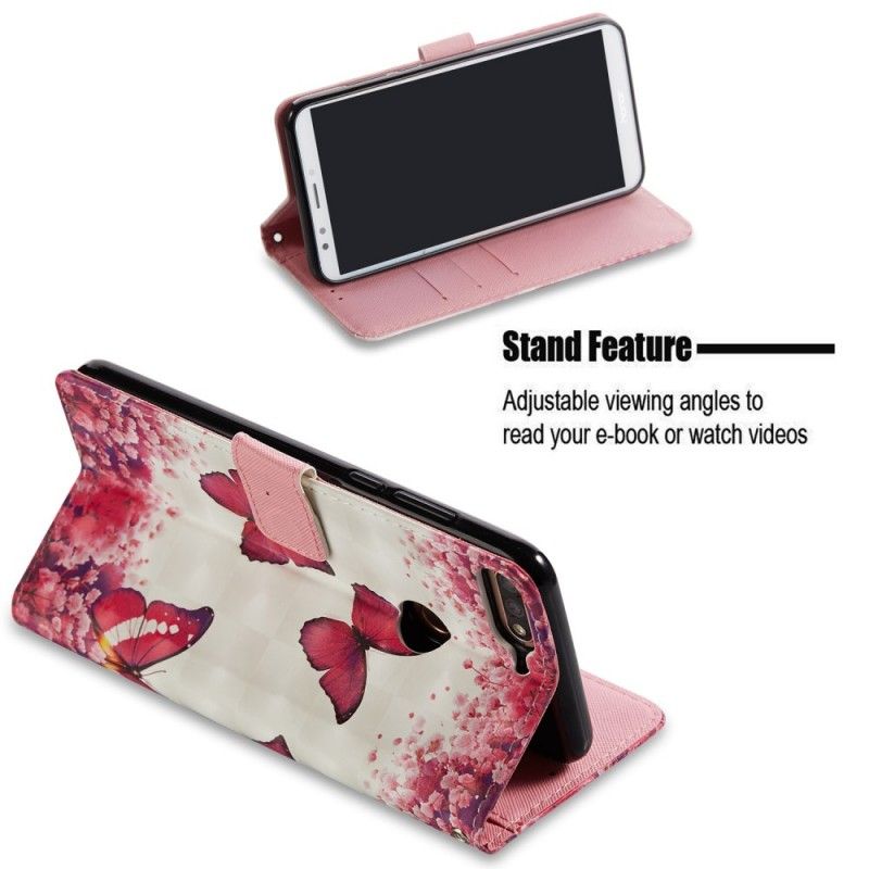 Flip Cover Honor 7C Mobilcover 3D Røde Sommerfugle