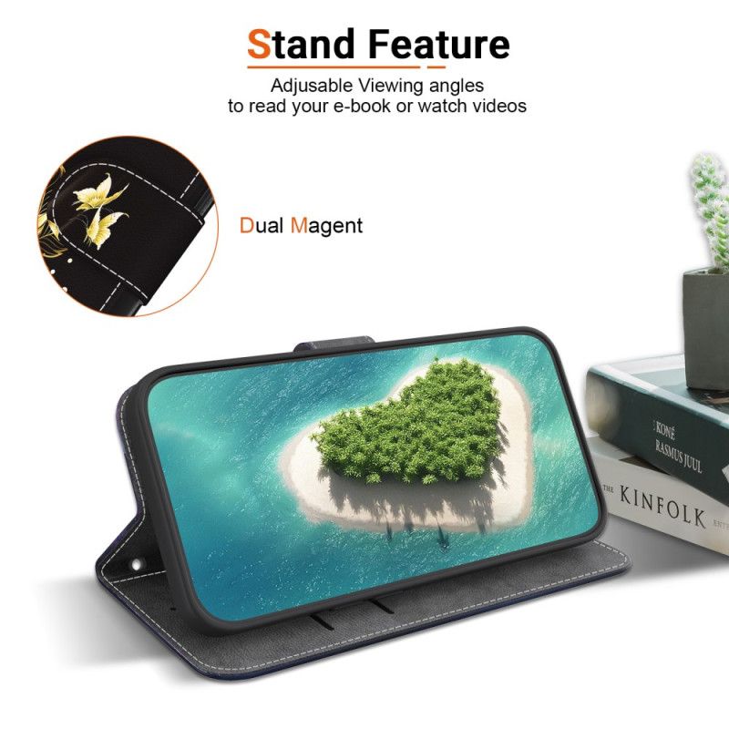 Flip Cover Xiaomi 15 Guld Og Lyserøde Sommerfugle