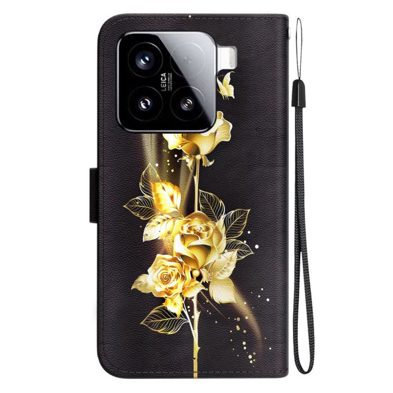 Flip Cover Xiaomi 15 Guld Og Lyserøde Sommerfugle