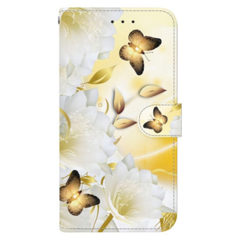Flip Cover Xiaomi 15 Guldsommerfugle Og Hvide Blomster