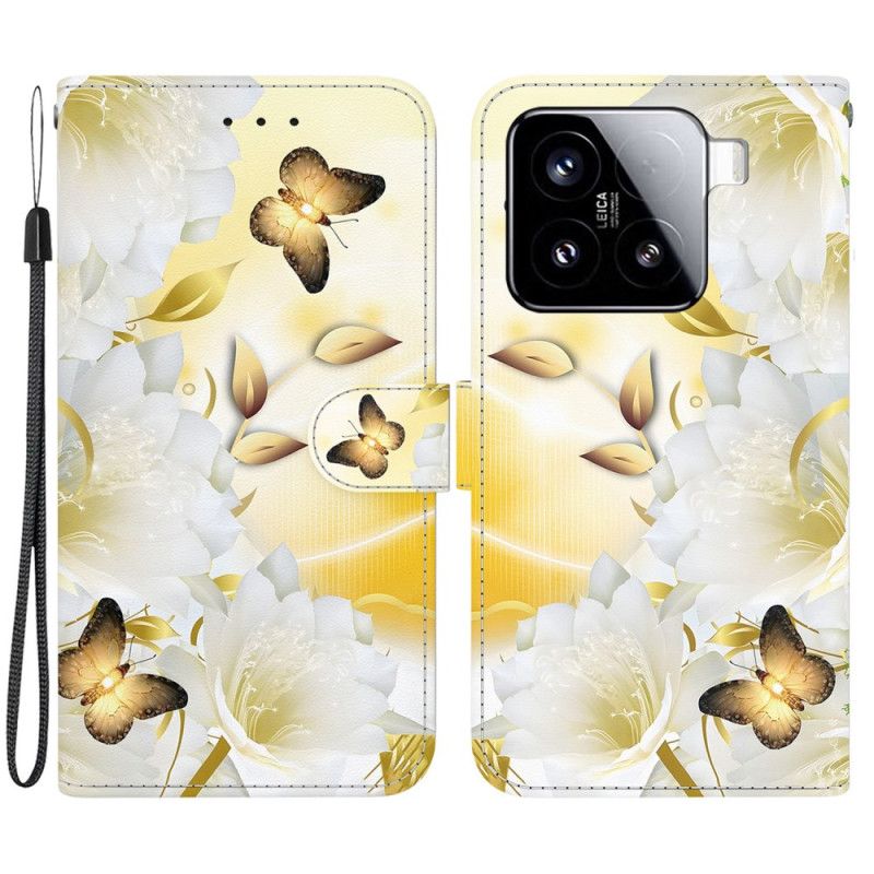 Flip Cover Xiaomi 15 Guldsommerfugle Og Hvide Blomster