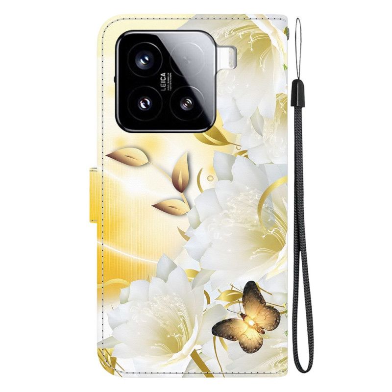 Flip Cover Xiaomi 15 Guldsommerfugle Og Hvide Blomster