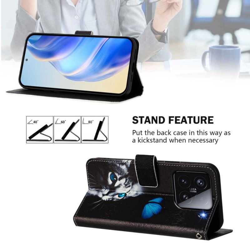 Læder Cover Xiaomi 15 Telefon Etui Sommerfugl Og Kat