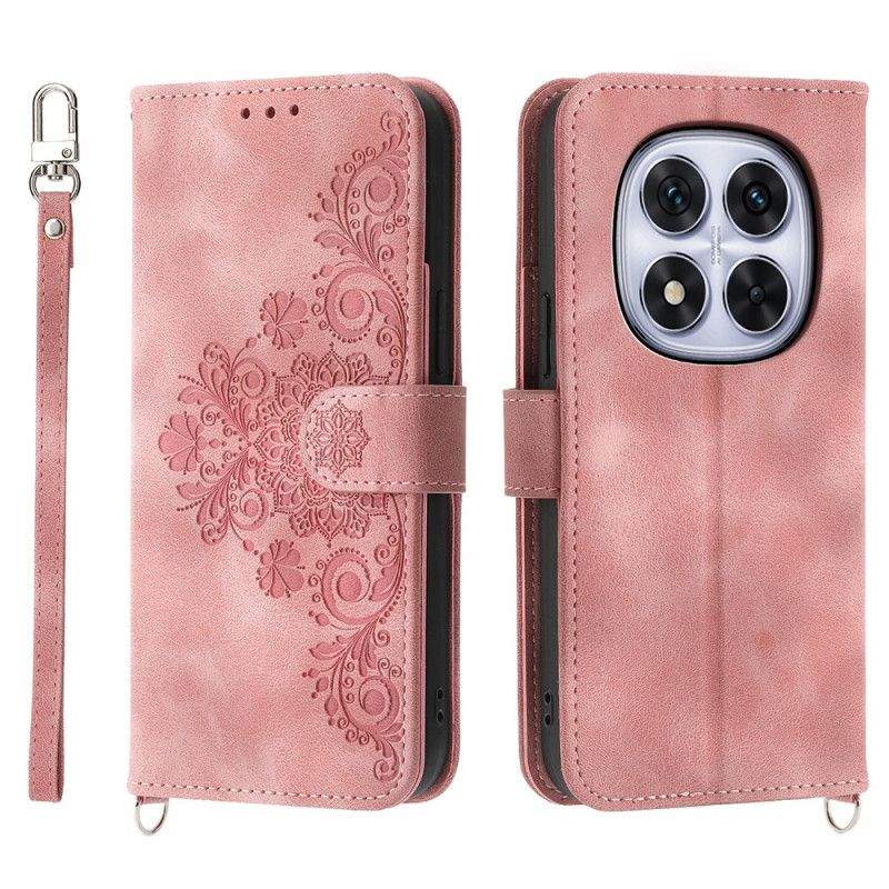 Læder Cover Xiaomi Redmi Note 15 Pro Plus 5g Blomstermønster Med Skulderrem Og Rem