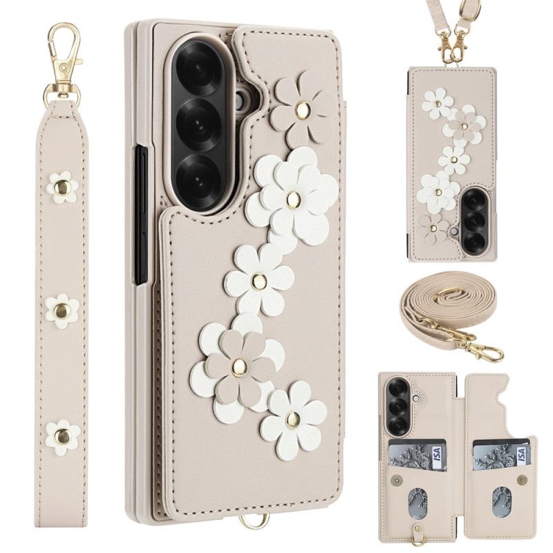 Cover Samsung Galaxy Z Fold 7 Telefon Etui Kortholder Og Stativ Med 3d-blomstermotiv