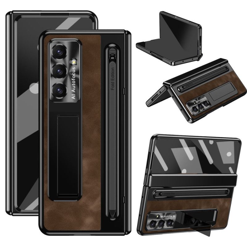 Cover Samsung Galaxy Z Fold 7 Telefon Etui Stativ Med Lædereffekt Og Stylusholder