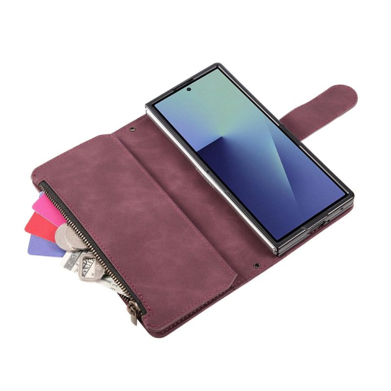 Læder Cover Samsung Galaxy Z Fold 7 Telefon Etui Pung Med Ruskindseffekt Og Skulderrem