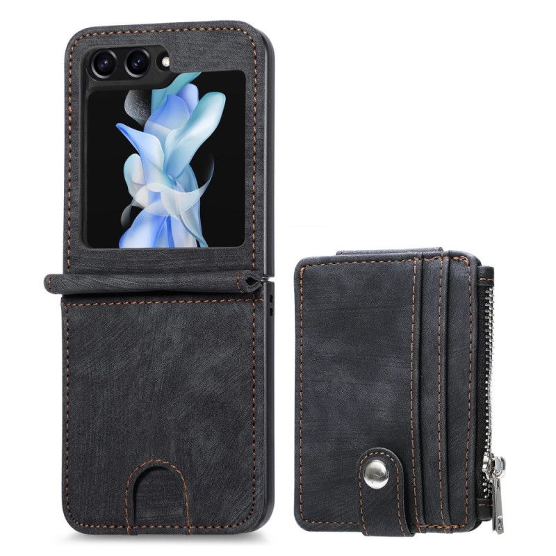 Cover Samsung Galaxy Z Flip 7 Fe Telefon Etui Retro Stativ Og Kortholder Med Lynlås