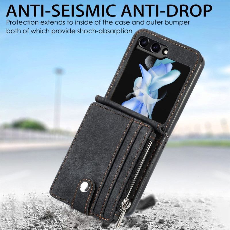 Cover Samsung Galaxy Z Flip 7 Fe Telefon Etui Retro Stativ Og Kortholder Med Lynlås