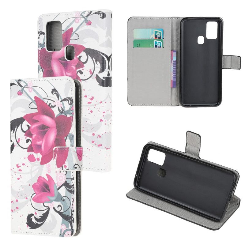 Flip Cover Læder Honor 9X Lite Magenta Tropiske Blomster