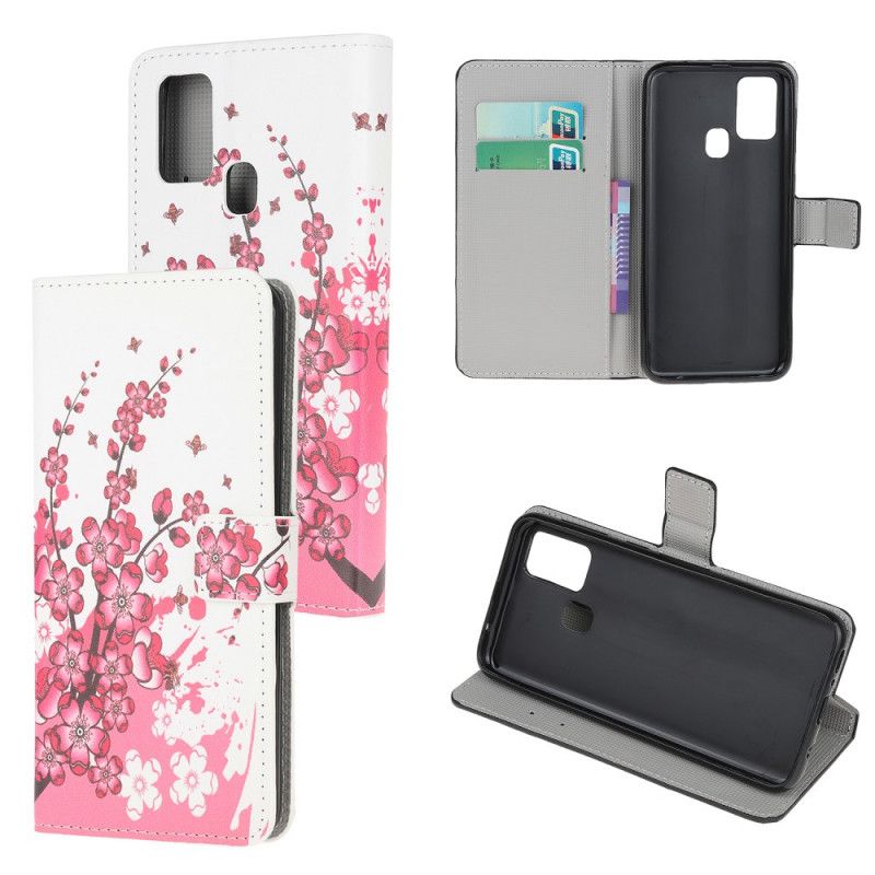 Flip Cover Læder Honor 9X Lite Magenta Tropiske Blomster