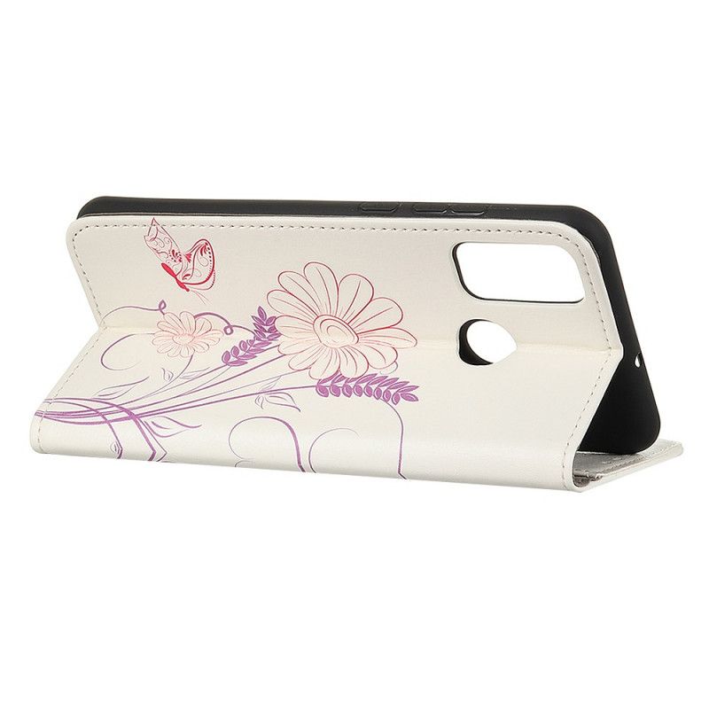 Flip Cover Læder Honor 9X Lite Tegning Af Sommerfugle Og Blomster