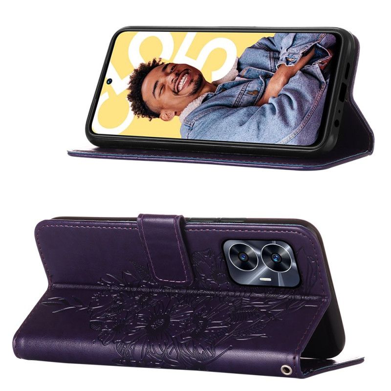 Flip Cover Til Realme C55 Rempung Med Blomstermønster Og Sommerfuglemønster