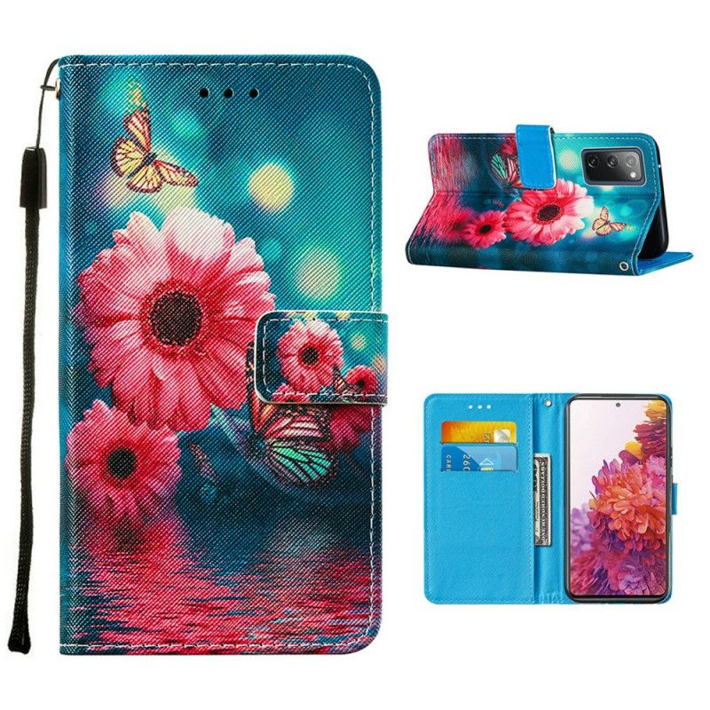 Flip Cover Læder for Samsung Galaxy S20 FE Blomster Og Sommerfugle