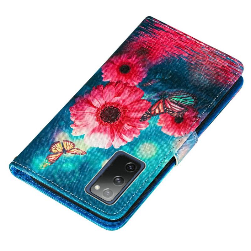 Flip Cover Læder for Samsung Galaxy S20 FE Blomster Og Sommerfugle