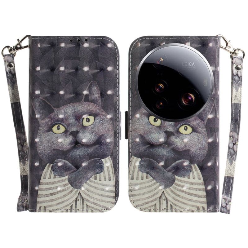 Læder Cover Xiaomi 15 Ultra Telefon Etui Grå Kat Med Snor