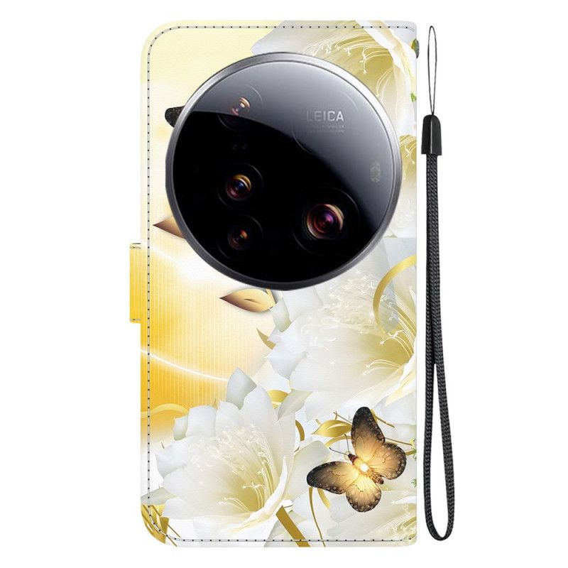 Læder Cover Xiaomi 15 Ultra Telefon Etui Gyldne Sommerfugle Og Hvide Blomster