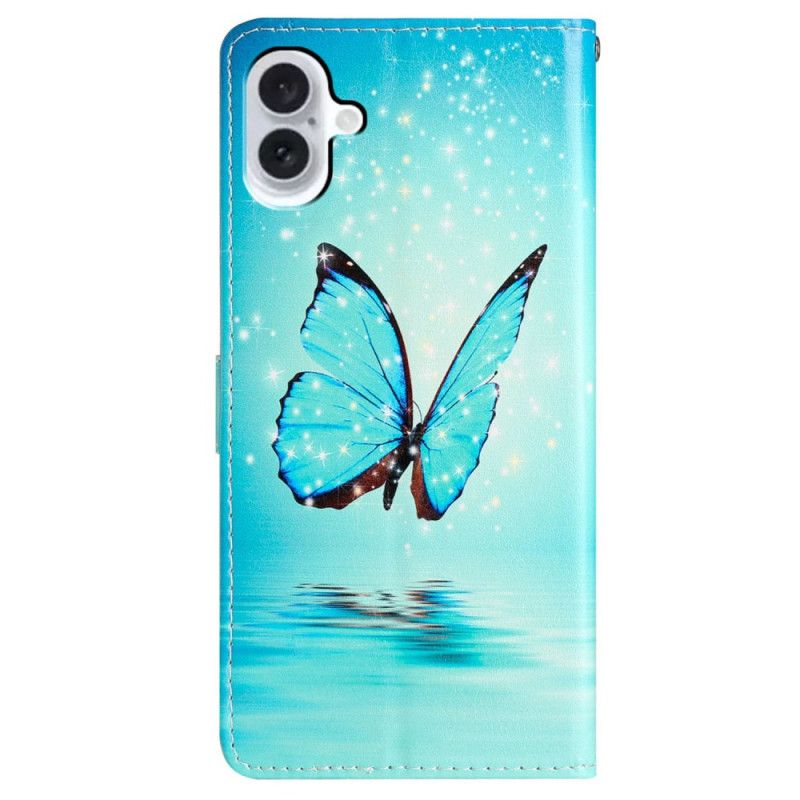 Læder Cover iPhone 16 Telefon Etui Blå Sommerfugl Med Rem