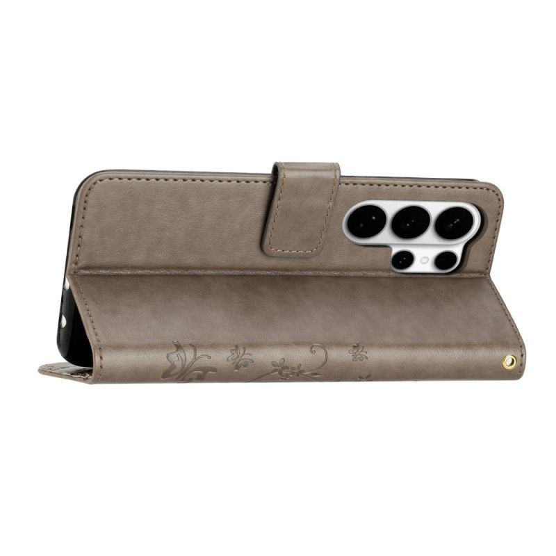 Læder Cover Samsung Galaxy S26 Ultra Telefon Etui Sommerfugl Og Blomster