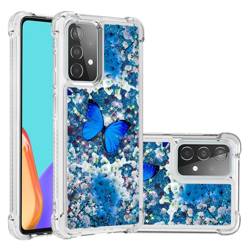 Cover Samsung Galaxy A52 4G / A52 5G Blå Glitter Sommerfugle