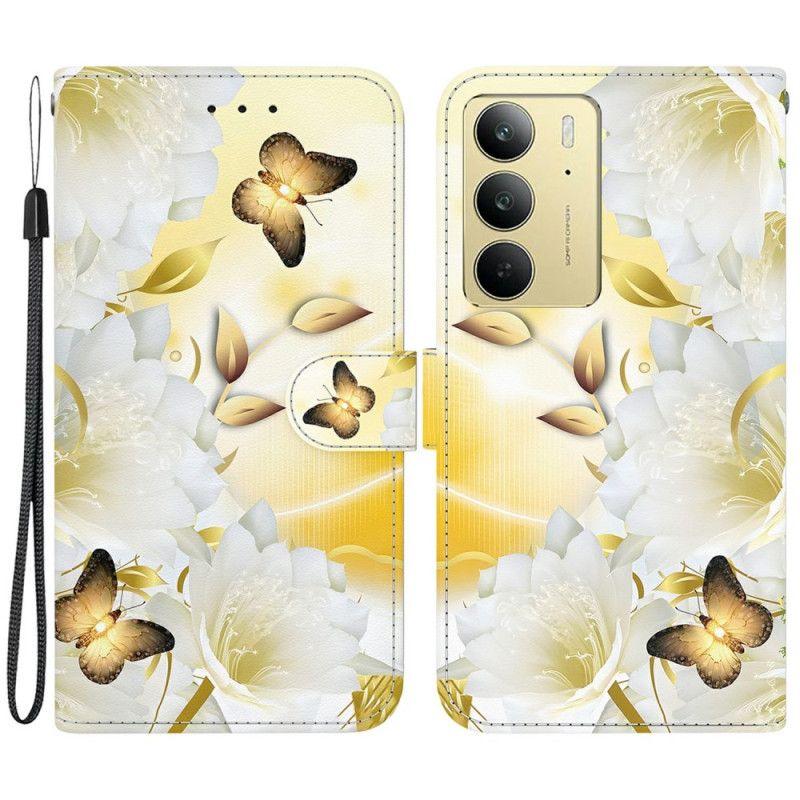 Læder Cover Realme C75 Telefon Etui Guld Sommerfugle Og Hvide Blomster