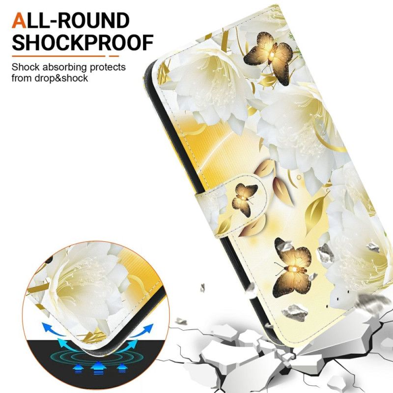 Læder Cover Realme C75 Telefon Etui Guld Sommerfugle Og Hvide Blomster