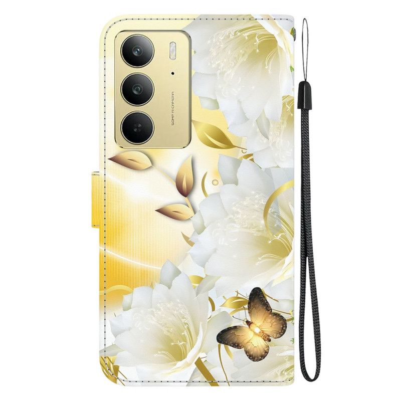 Læder Cover Realme C75 Telefon Etui Guld Sommerfugle Og Hvide Blomster