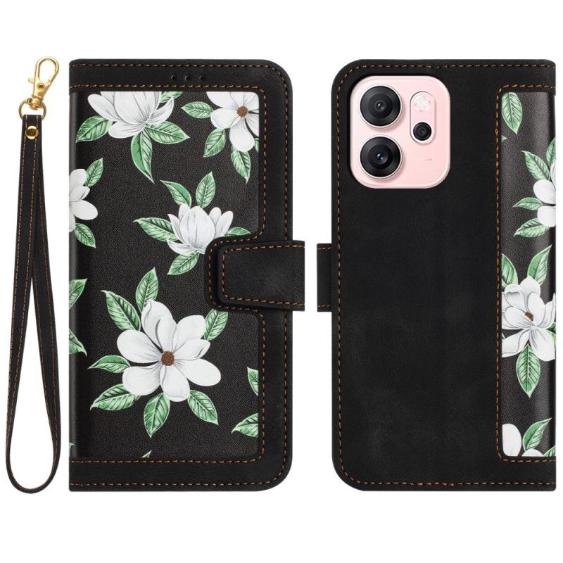 Læder Cover Oppo Reno 14 5g Telefon Etui Blomsterdesign Med Rem