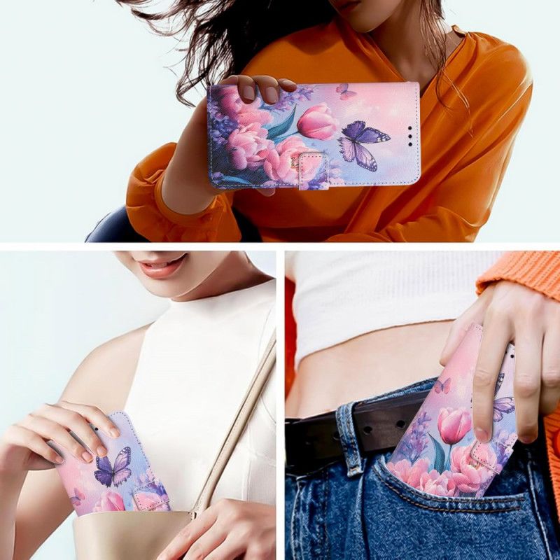 Flip Cover Samsung Galaxy S26 Sommerfugl Og Lyserøde Blomster