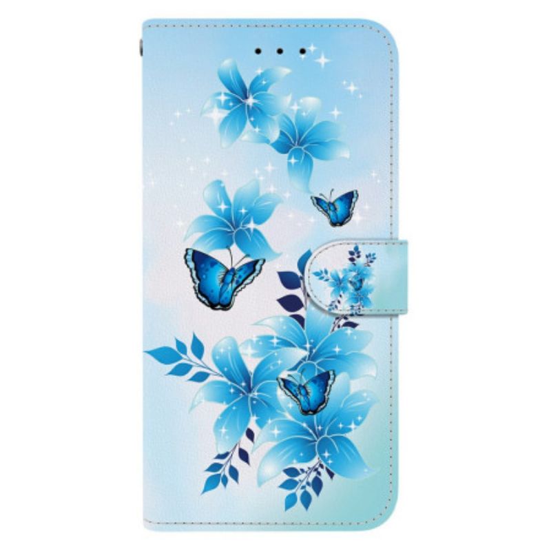 Flip Cover Til Samsung Galaxy S26 Blå Sommerfugle Og Blomster
