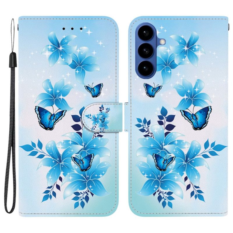 Flip Cover Til Samsung Galaxy S26 Blå Sommerfugle Og Blomster