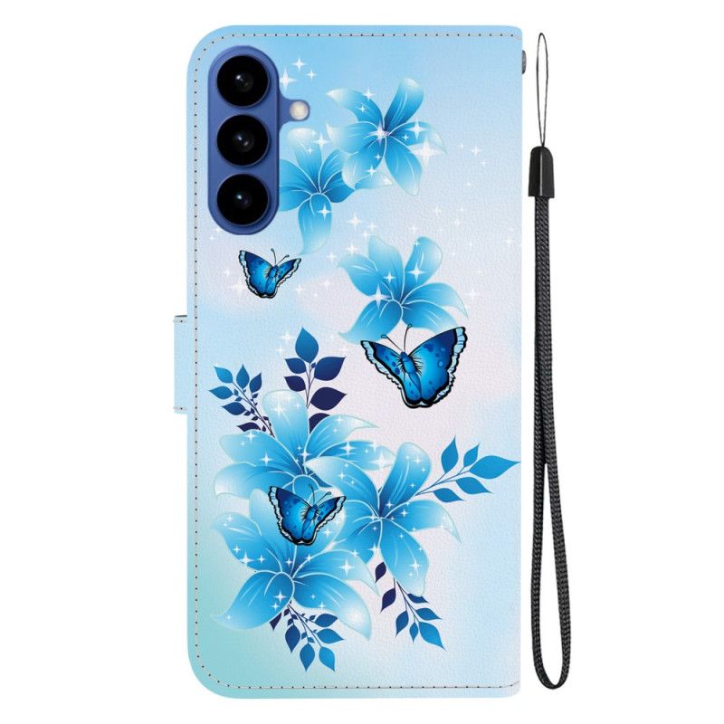 Flip Cover Til Samsung Galaxy S26 Blå Sommerfugle Og Blomster