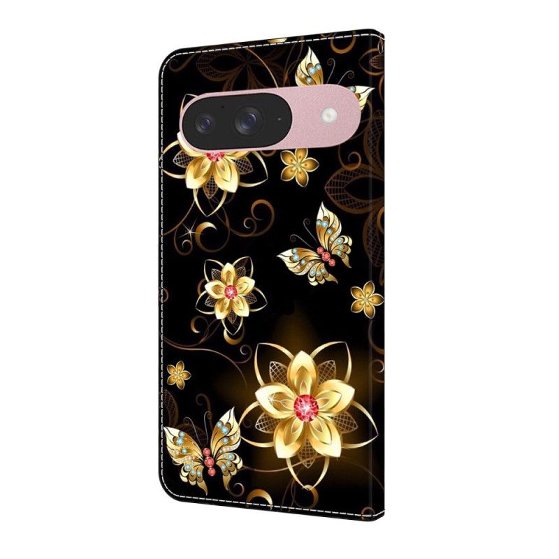 Flip Cover Til Google Pixel 10 / 10 Pro Gyldne Blomster Og Sommerfugle